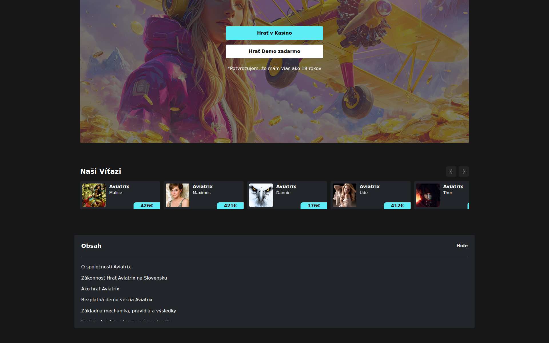 Náhľad webu aviatrix-casino.sk